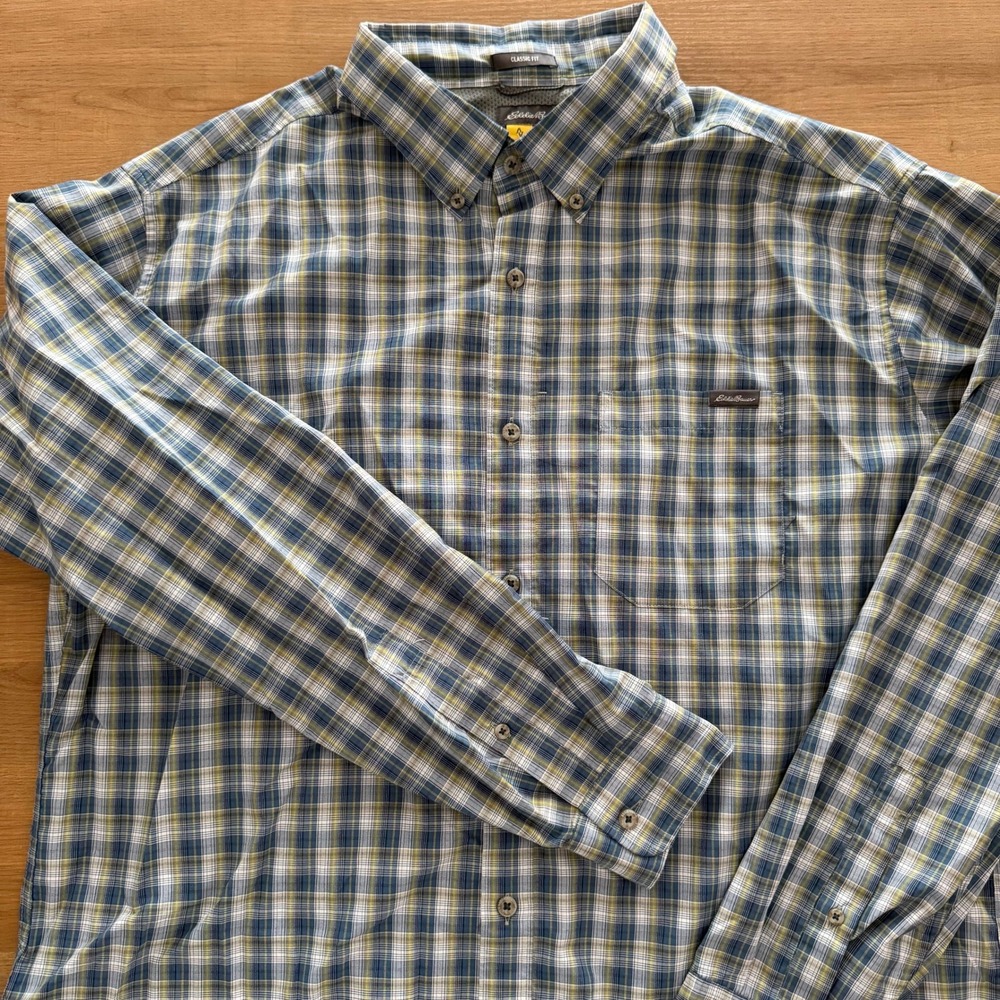 Eddie Bauer Mens XL Classic Fit Blue Yellow Plaid Button Down Shirt Long Sleeve